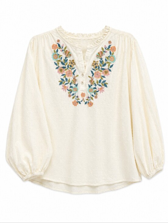 None Tops - 314-💯 Cotton Cream Peasant Top‎ with Multicolor Floral Embroidery
